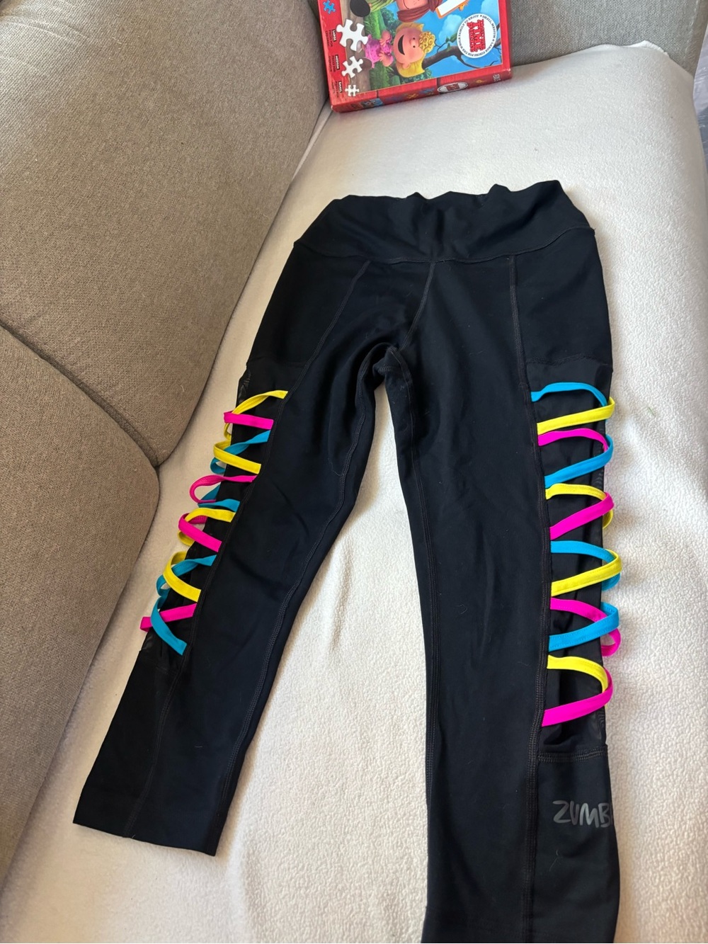 Zumba Fitness Black Capri Leggings with Pink, Blue & Yellow Side Lacing